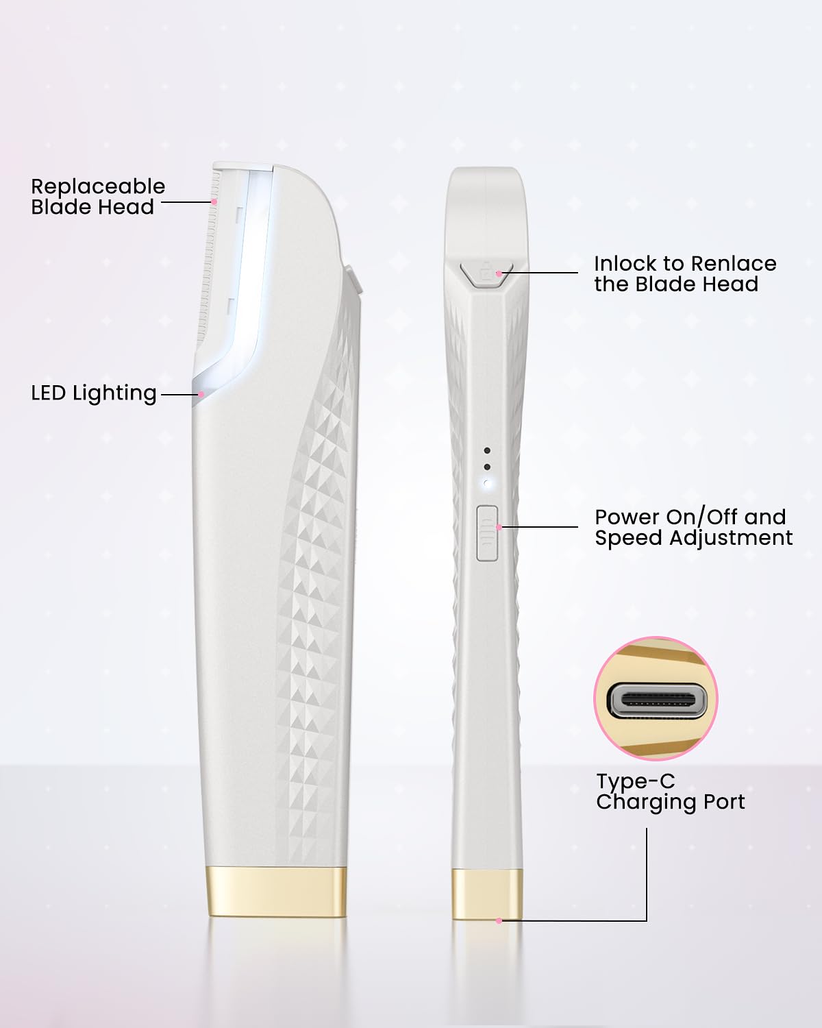 Dermaplane Razor For Facial Hair Removal with Led Light, Rechargeable Sonic smooth Facial Hair Remover with 8 Replacement Blades