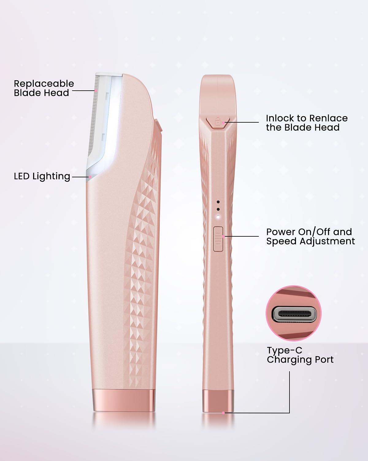 Dermaplane Razor For Facial Hair Removal with Led Light, Rechargeable Sonic smooth Facial Hair Remover with 8 Replacement Blades