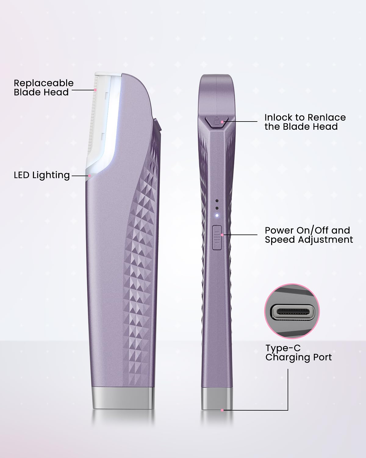 Dermaplane Razor For Facial Hair Removal with Led Light, Rechargeable Sonic smooth Facial Hair Remover with 8 Replacement Blades